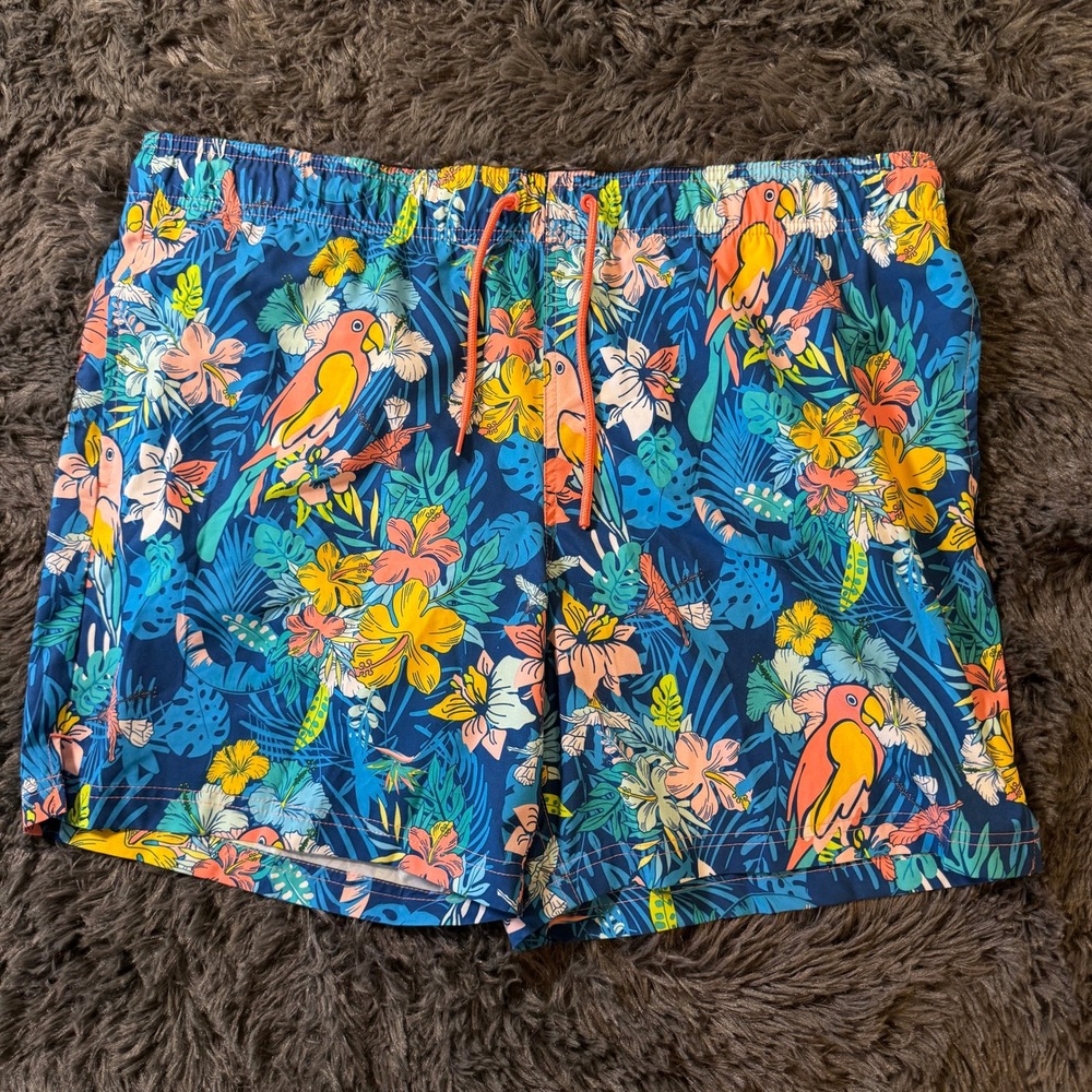 George Mens Tropical Parrot Swim Trunks XL Blue Floral Recycled Material